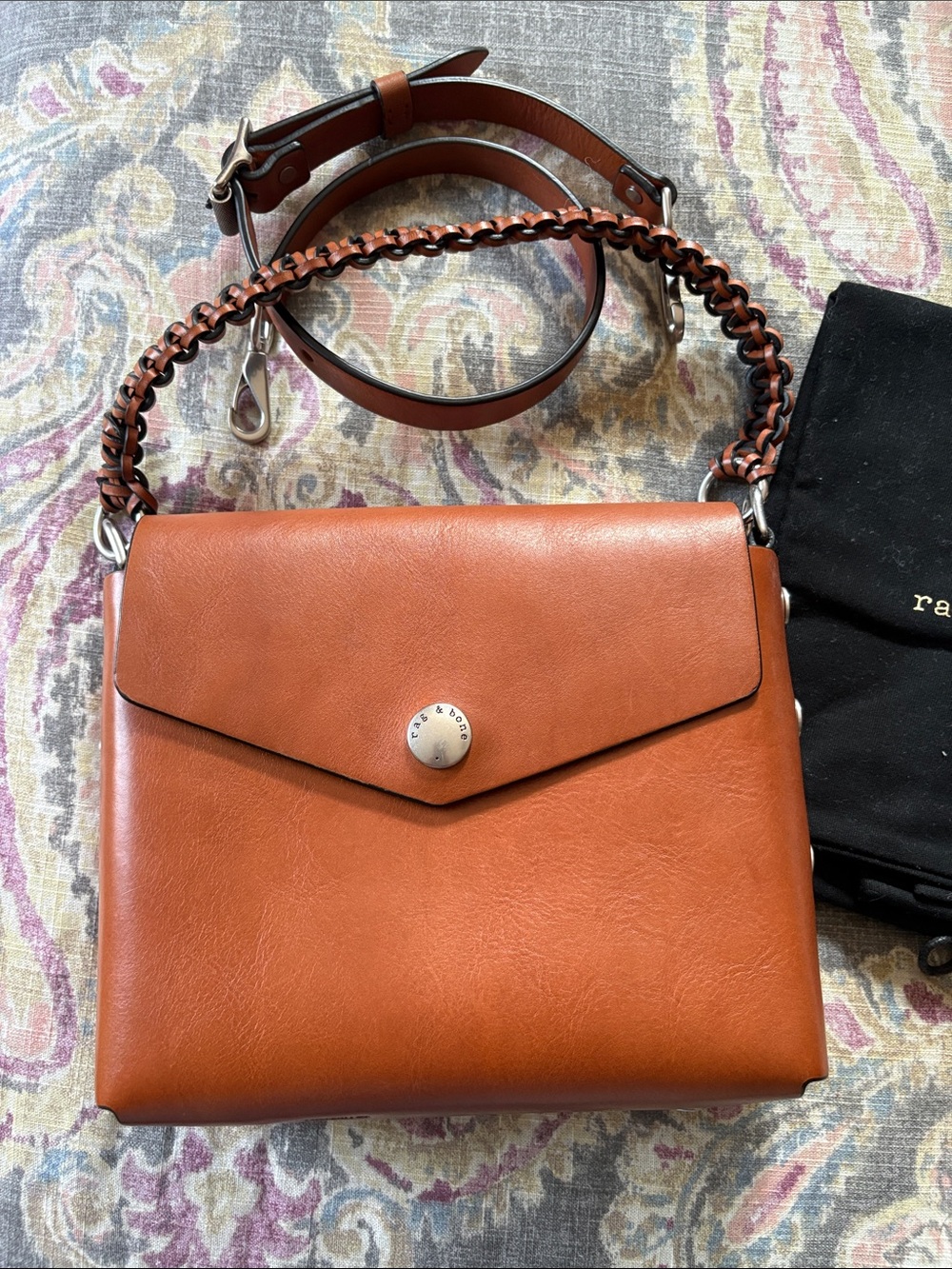 rag & bone Cognac Leather Crossbody Envelope Bag with Braided Strap - Picture 7 of 7